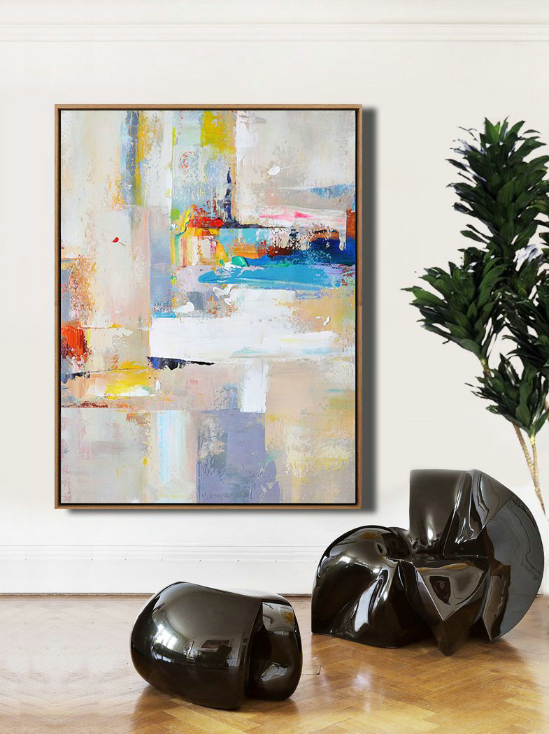 Large Abstract Art,Vertical Palette Knife Contemporary Art,Hand Paint Large Art Beige,White,Blue,Red,Yellow,Pink